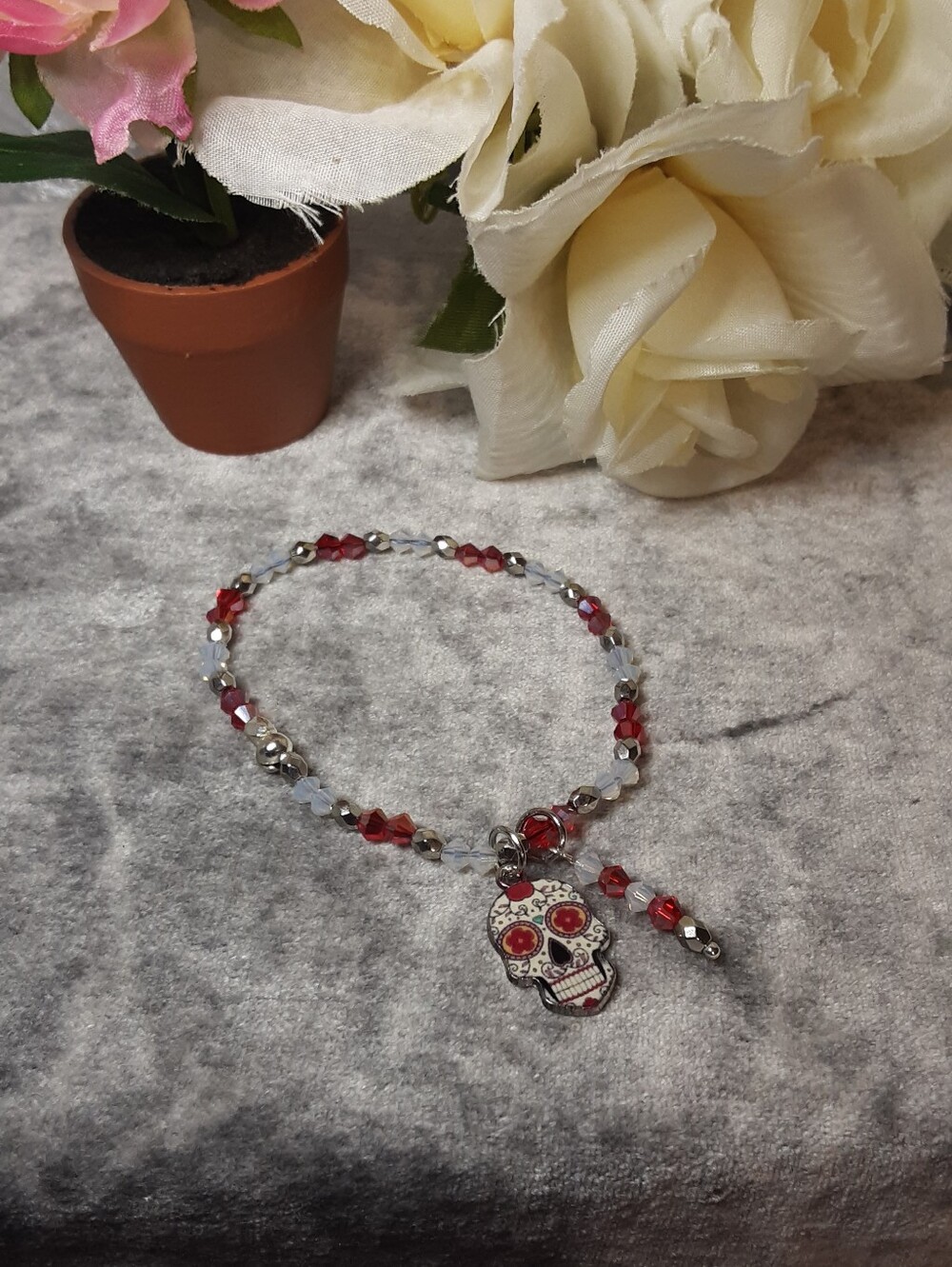 Day of the Dead Red Beaded Skull Stretch Bracelet Sugar Skull